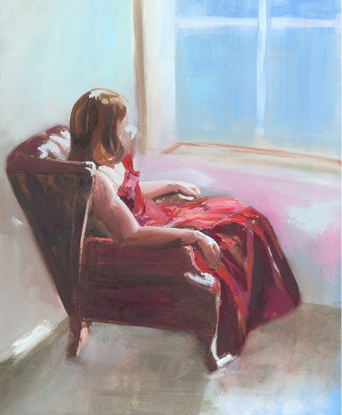 Lady in Silky Red Dress sitting looking out of window
