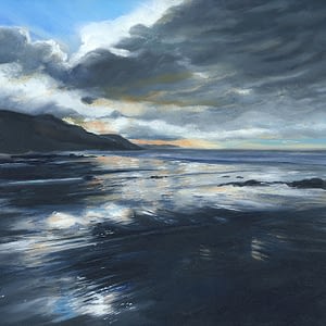 Painting of a stormy sky on a beach in Cornwall
