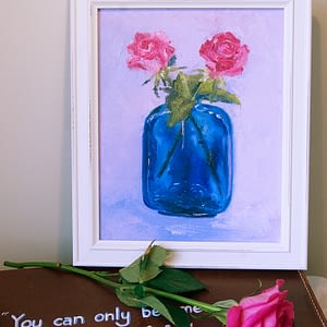 Framed painting of Pink roses in a Blue Vase